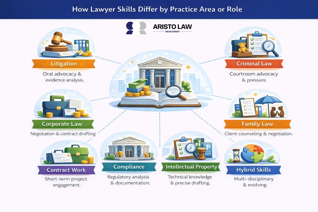 Litigation, corporate law, contract work, compliance, intellectual property, hybrid skills, family law and criminal