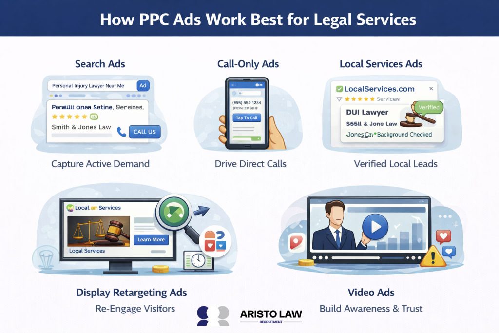 Search ads,  call only ads, display retargeting ads, video ads and local services ads