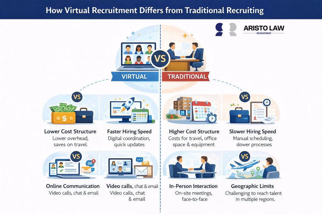 Lower cost structure, faster hiring speed online communication, video calls, higer cost structure, slower hiring  speed, geographic limits and in person interaction