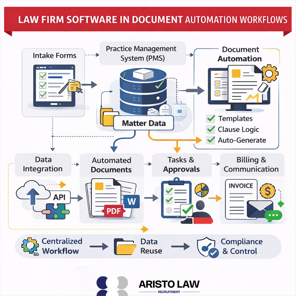 Intake forms, practice management system, document automation, data integration, automated document, tasks approvals and billing communication