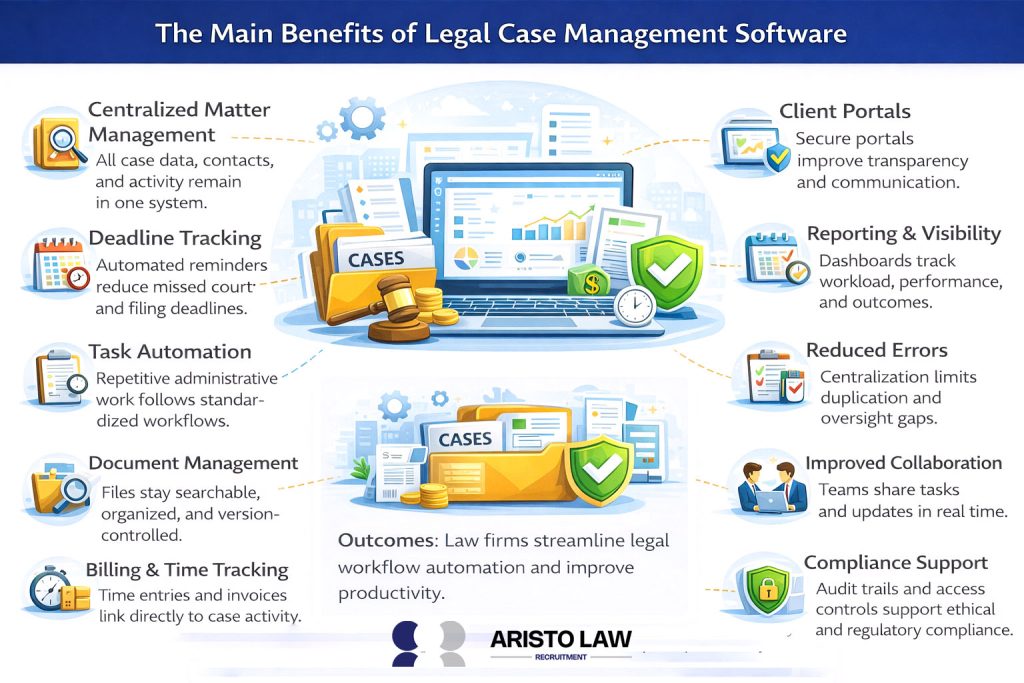 Centralized matter management, deadline tracking, task automation, document management, billing time tracking, client portals, reporting visibility and compliance support