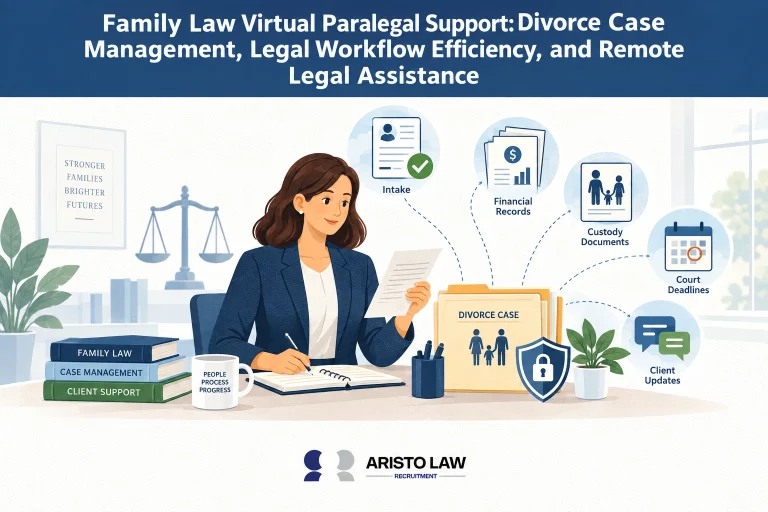 Family law virtual paralegal supporting divorce case documents and client updates. Divorce lawyers outsource paralegal work to manage case files and procedural tasks.