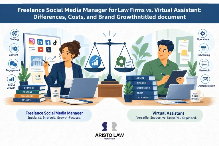 Freelance social media support compared with a virtual assistant for law firms. Lawyers select outsourced marketing support based on branding, content, and operational needs.
