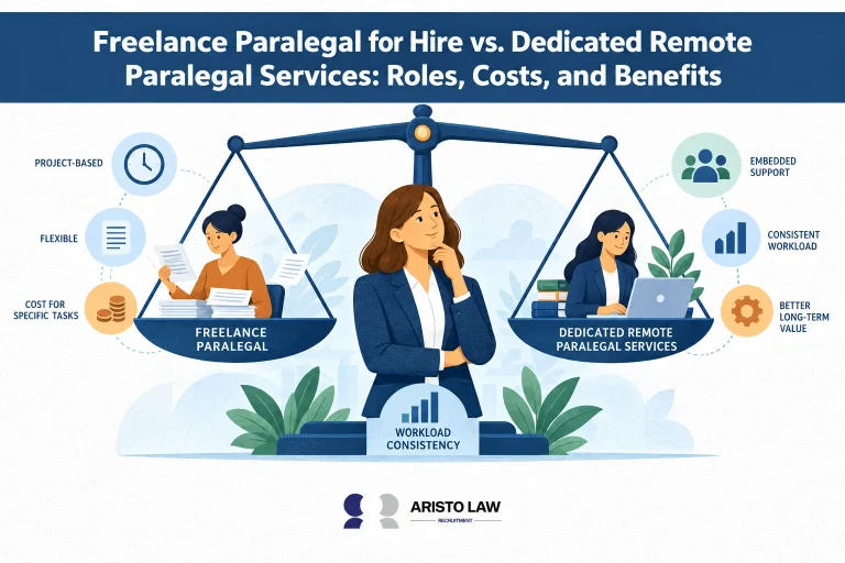 Freelance paralegal compared with a dedicated remote paralegal. Law firms choose outsourced paralegal staffing based on workload consistency and support needs.