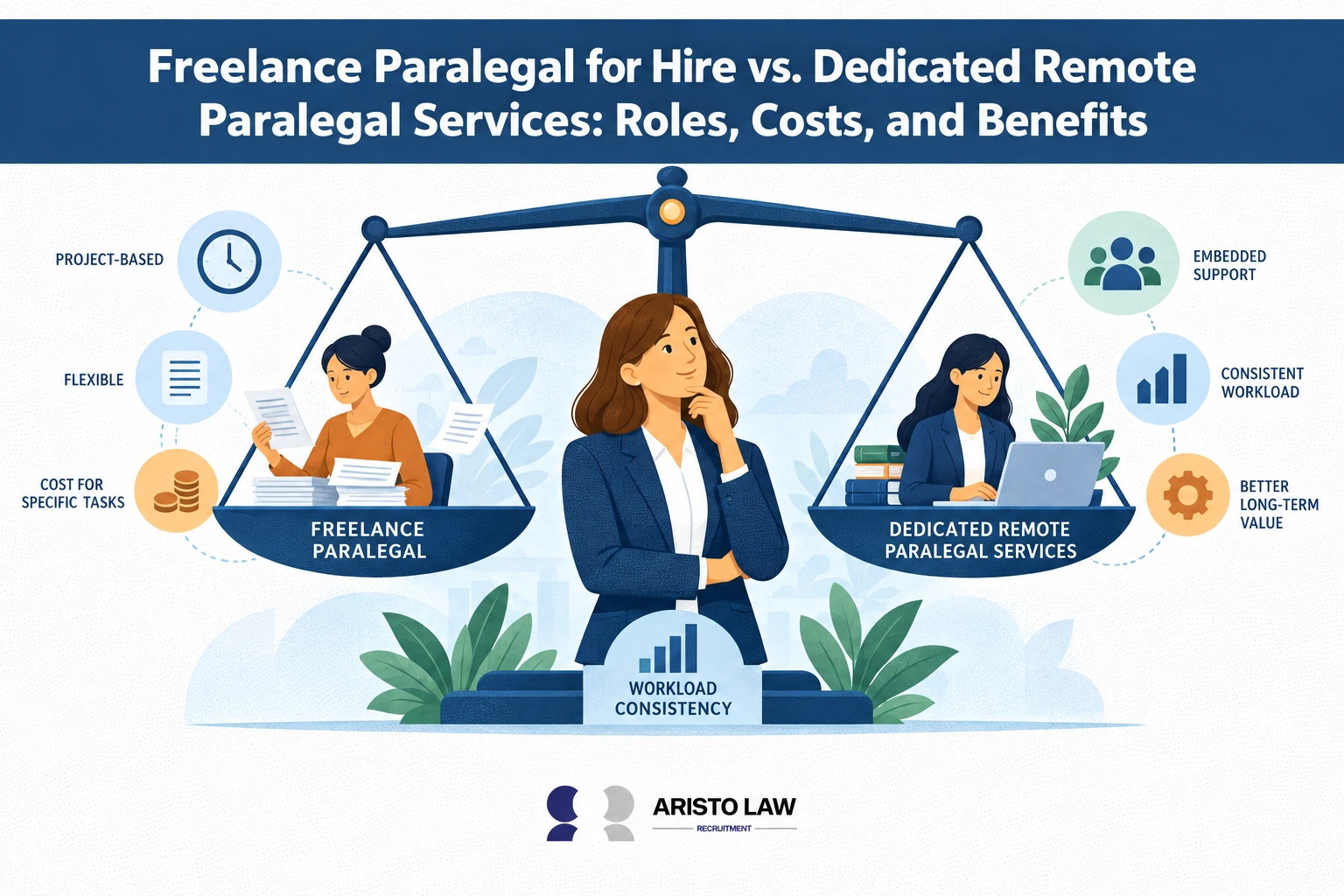 Freelance paralegal compared with a dedicated remote paralegal. Law firms choose outsourced paralegal staffing based on workload consistency and support needs.