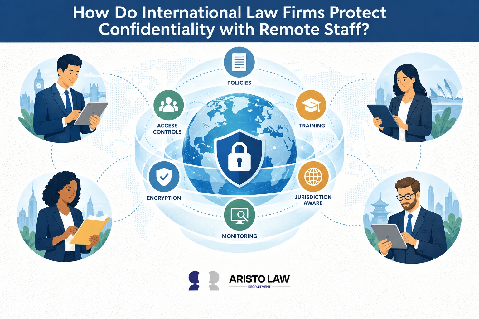 How do international law firms protect confidentiality with remote staff?