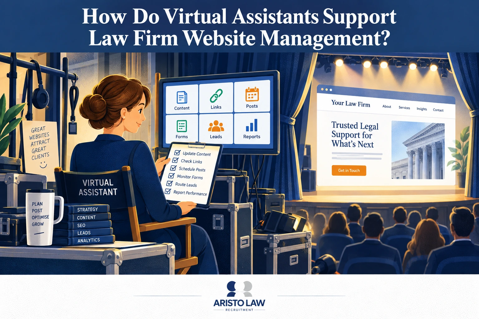 How do virtual assistants support law firm website management?
