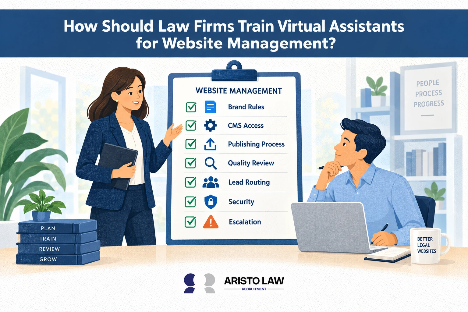 How should law firms train virtual assistants for website management?