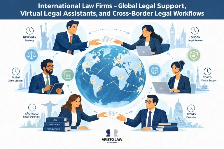 Virtual assistants supporting international law firm operations. Global law firms outsource remote support tasks across time zones and legal workflows.