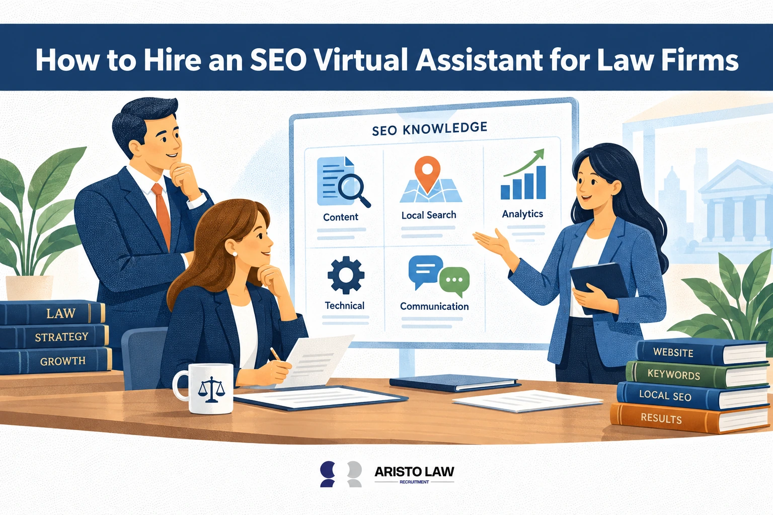 Virtual assistant supporting law firm SEO tasks and online content. Lawyers outsource SEO support for keyword research, content coordination, and website updates.