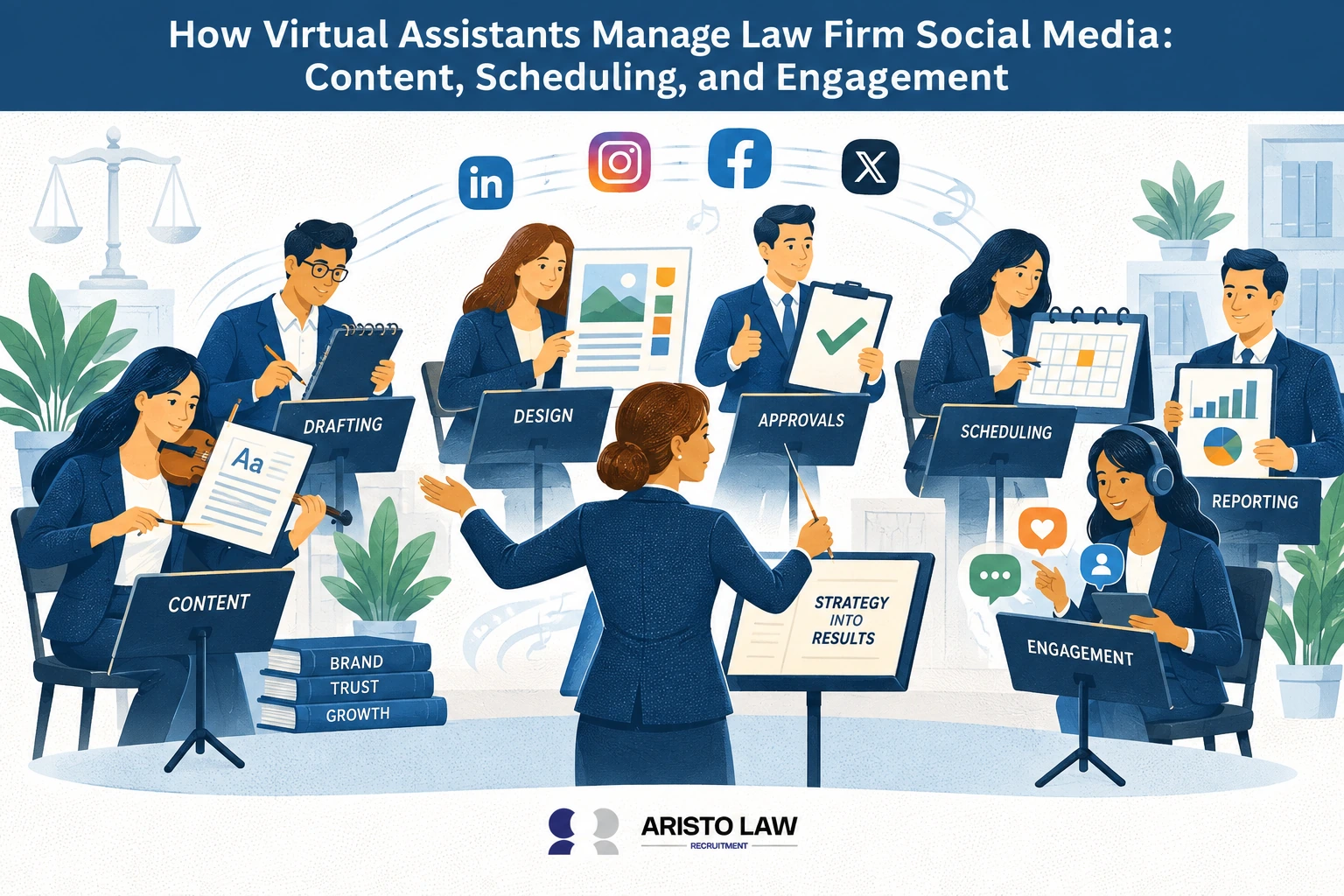 Virtual assistants managing a law firm’s social media presence. Lawyers outsource content planning, publishing, and engagement to remote marketing staff.