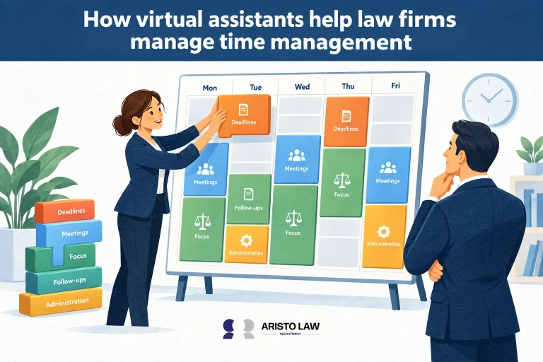 Virtual assistants helping law firms manage time and workloads. Lawyers delegate scheduling, email, and administrative tasks to protect legal work time.