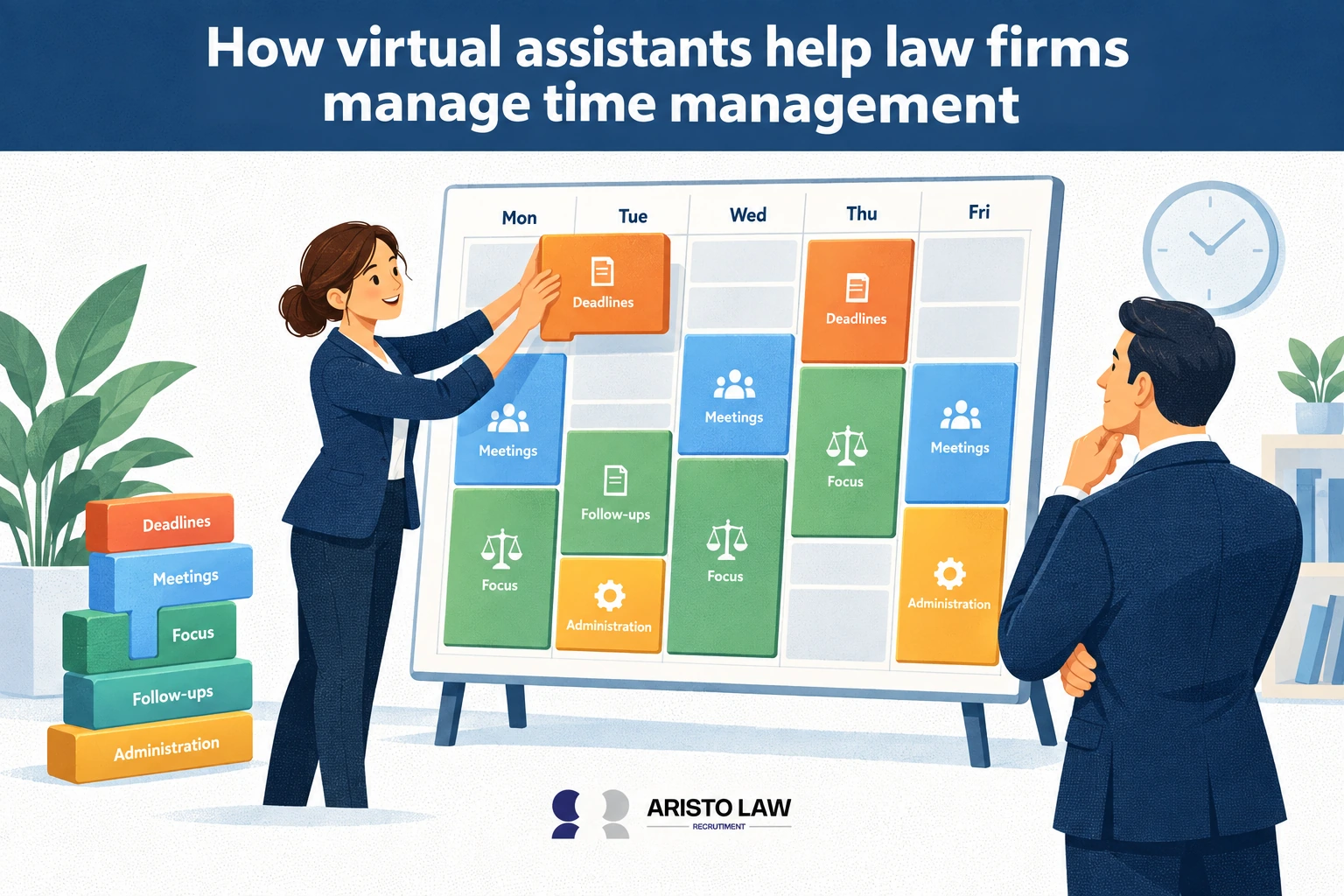 Virtual assistants helping law firms manage time and workloads. Lawyers delegate scheduling, email, and administrative tasks to protect legal work time.