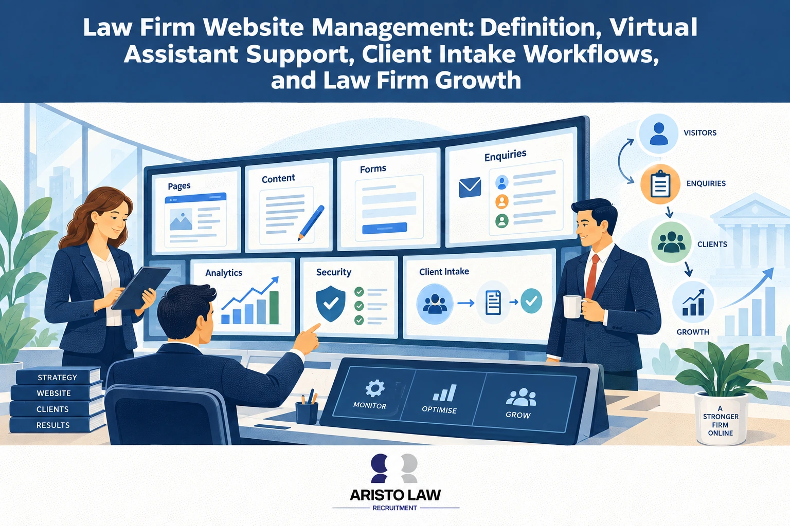Law firm website supported by a virtual assistant. Lawyers outsource website updates, content coordination, and lead-management tasks to remote staff.