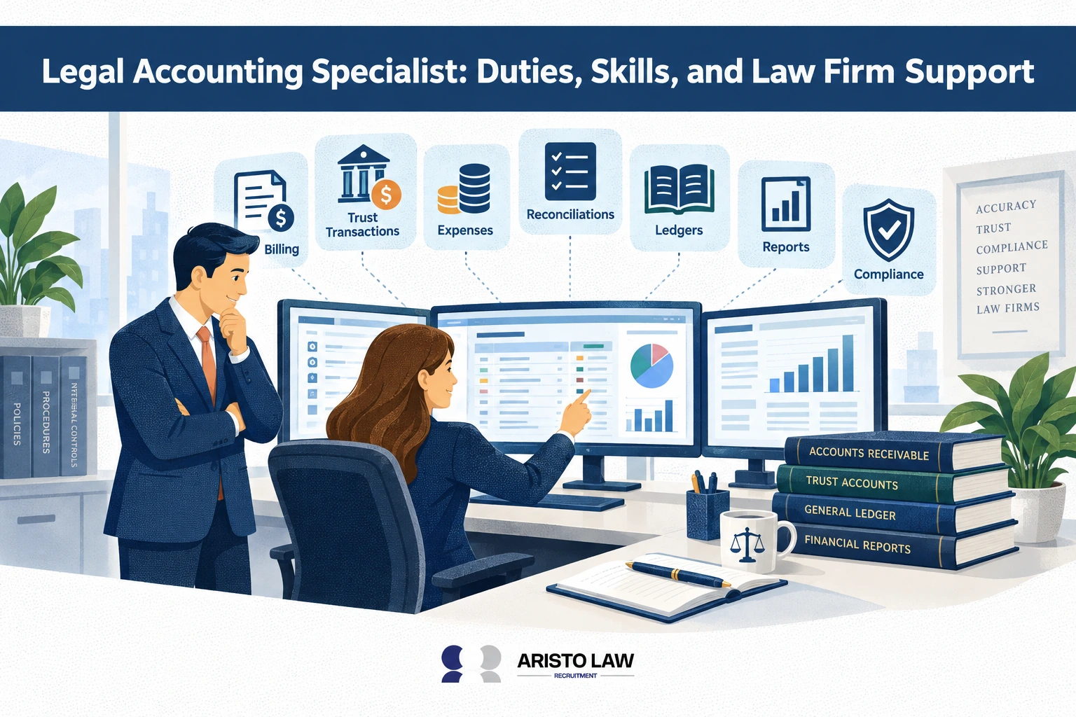 Legal accounting specialist skills and duties for law firm financial operations. Law firms outsource bookkeeping and accounting support for billing, trust-account, and financial record tasks.