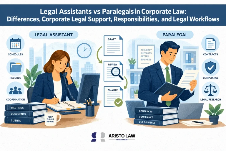 Legal assistants and paralegals in corporate law support roles. Corporate law firms select outsourced professionals based on administrative and substantive task requirements.