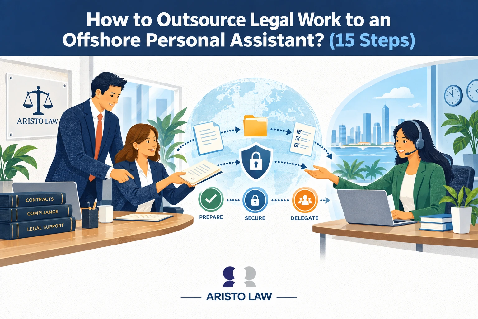 Offshore personal assistant supporting legal and administrative tasks. Lawyers outsource routine work to remote assistants for flexible law firm staffing.