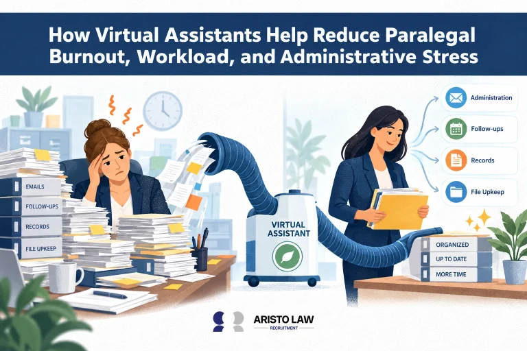 Virtual assistant helping reduce paralegal workload and burnout. Law firms outsource repetitive support tasks to distribute work across remote legal staff.