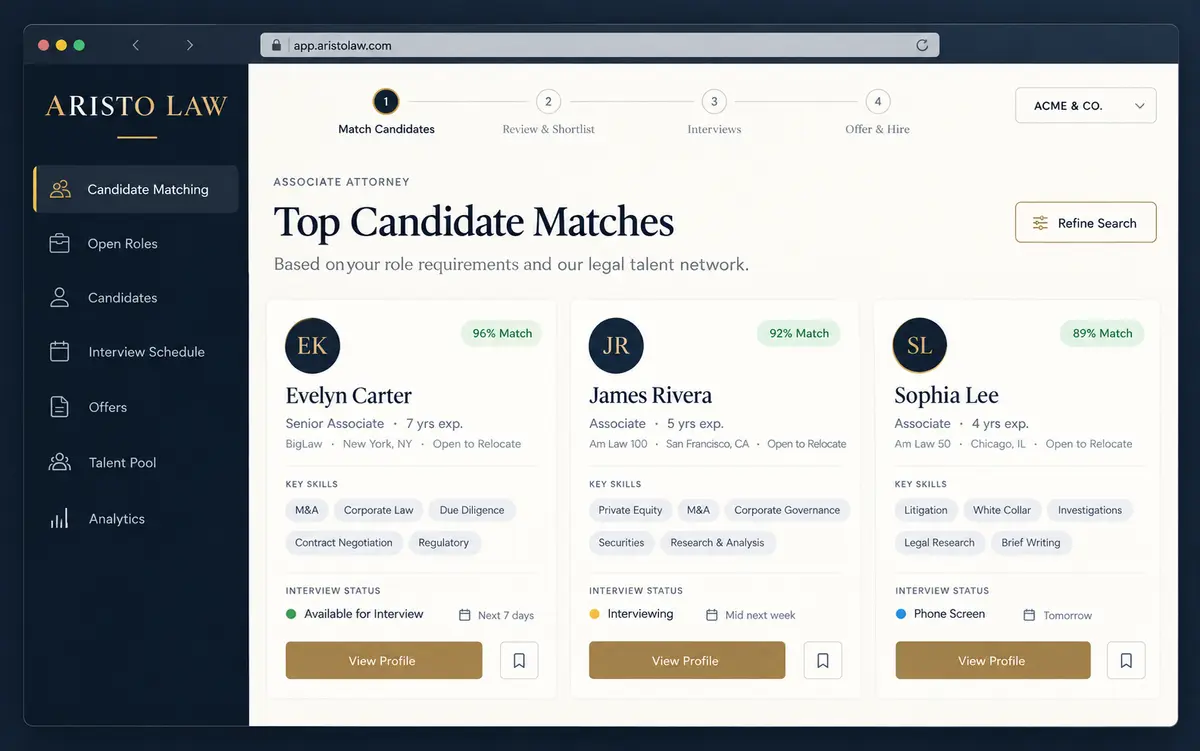 Aristo Law candidate matching dashboard displayed in a laptop mockup