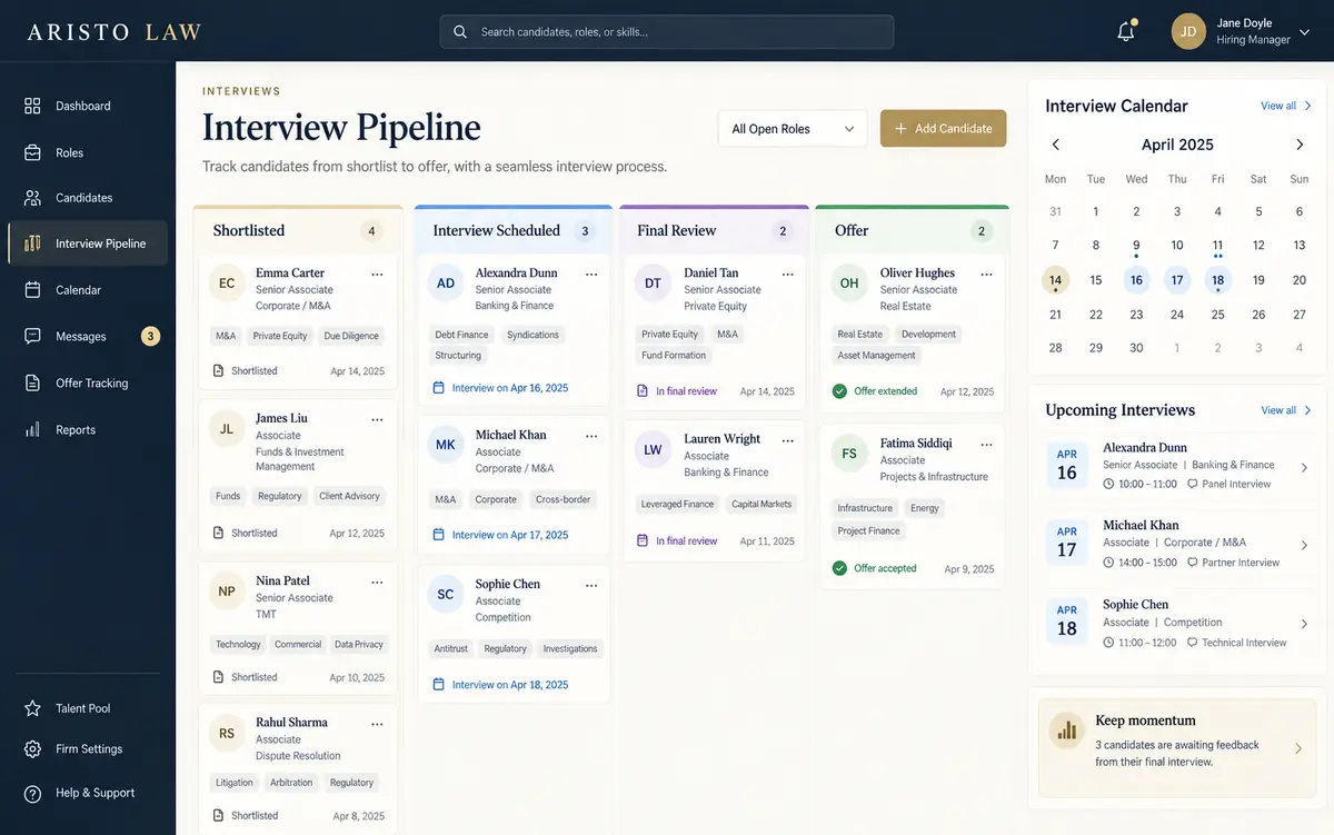 Aristo Law interview pipeline with shortlist, interview, review, and offer stages