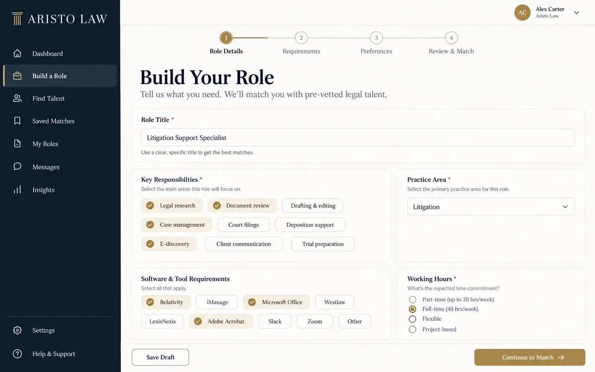 Aristo Law role builder showing responsibilities and software requirements