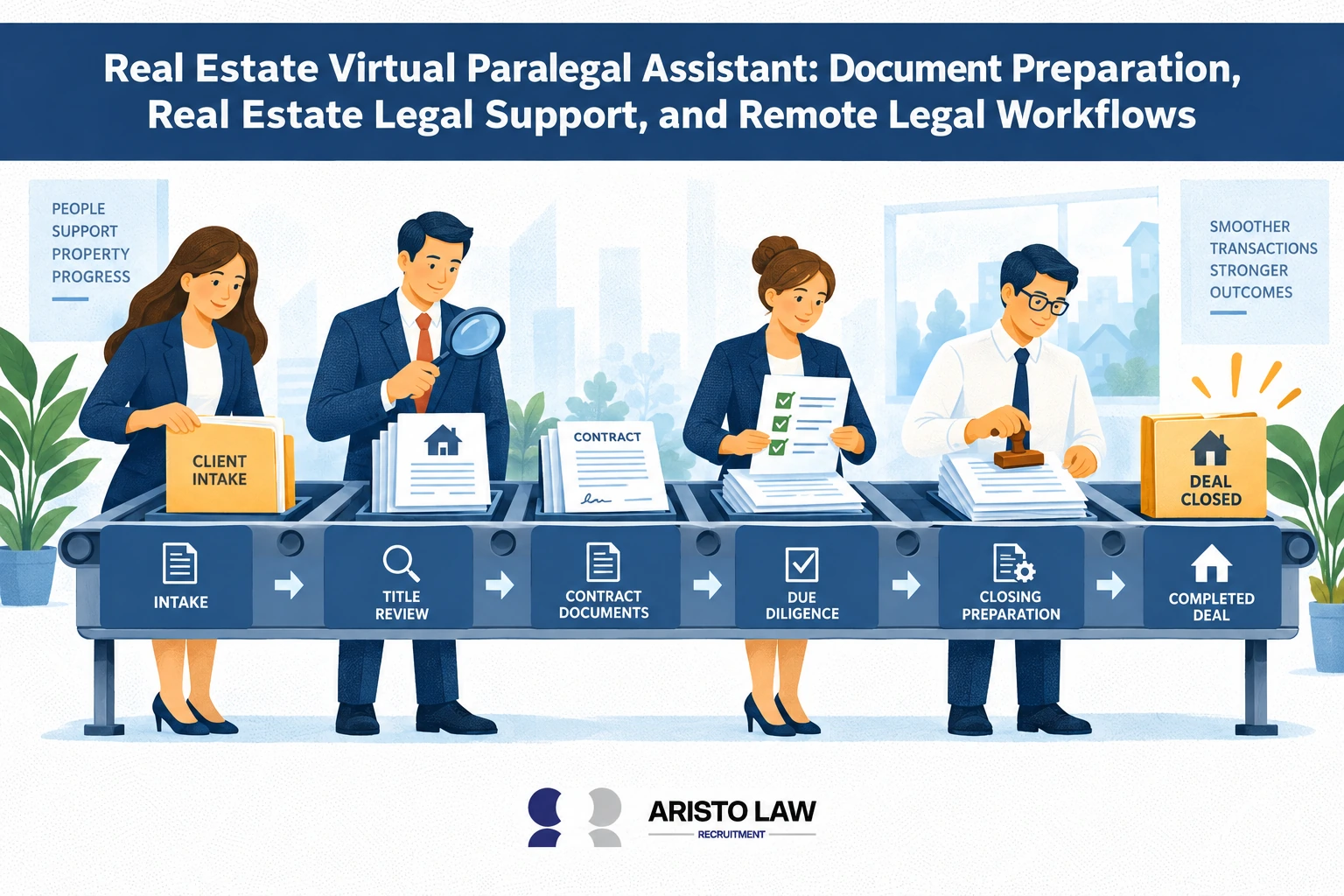 Real estate virtual paralegal preparing property transaction documents. Real estate lawyers outsource document preparation to support closings and transaction timelines.