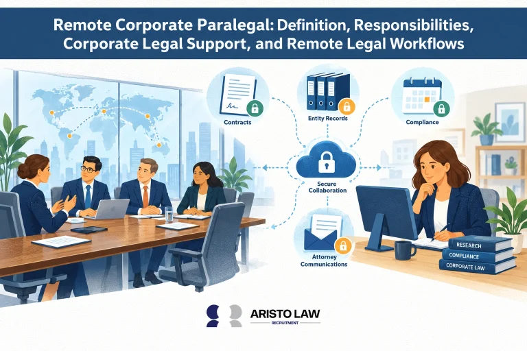 Remote corporate paralegal responsibilities and legal support workflows. Corporate law firms outsource contract, compliance, and entity-management tasks to remote paralegals.