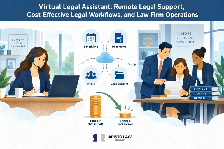 Remote legal work completed by a virtual assistant. Law firms outsource assigned support tasks to control staffing costs.