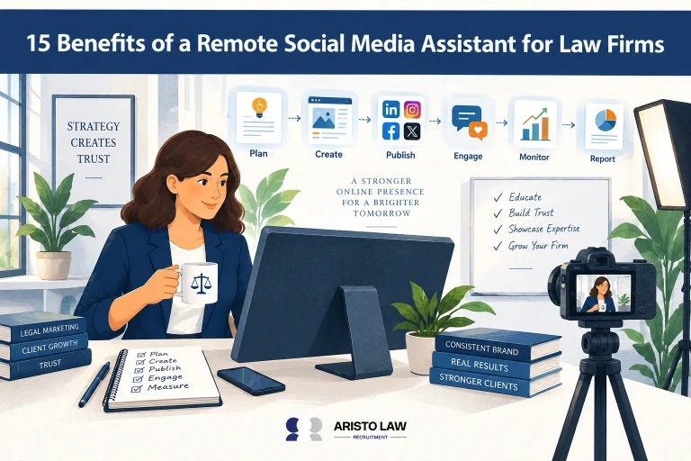 Remote social media assistant managing law firm social channels. Lawyers outsource content publishing, community engagement, and performance reporting to marketing VAs.