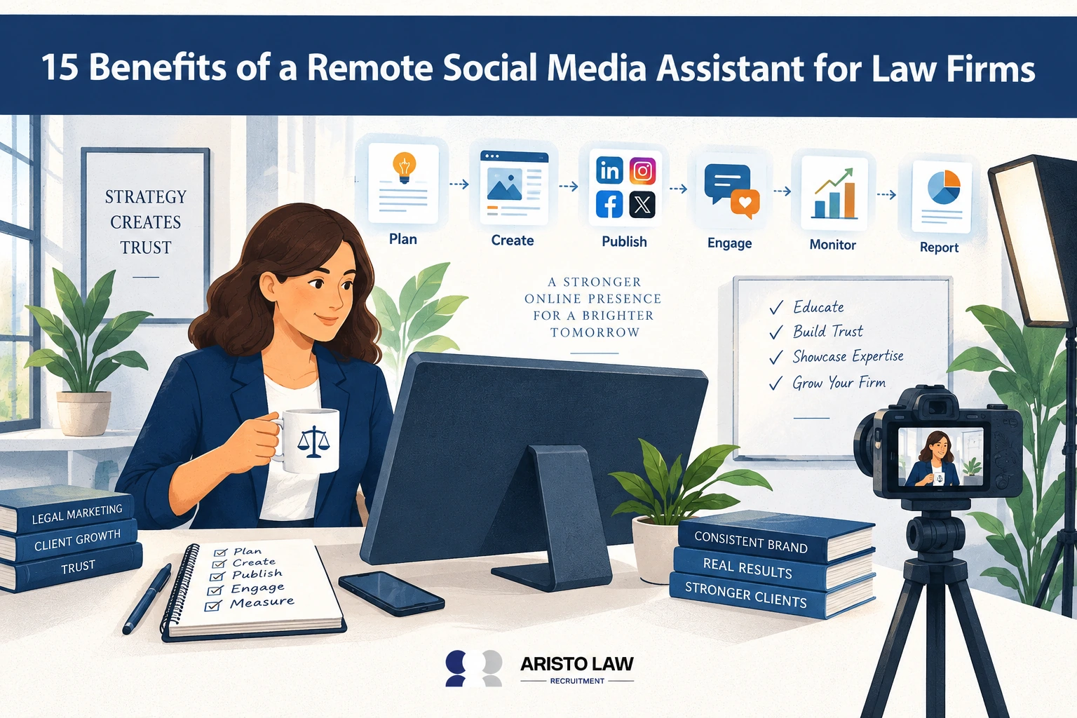 Remote social media assistant managing law firm social channels. Lawyers outsource content publishing, community engagement, and performance reporting to marketing VAs.
