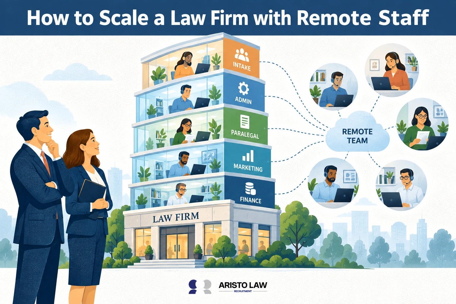Remote staff supporting law firm growth and daily operations. Lawyers outsource defined roles to scale capacity without adding full-time office staff.
