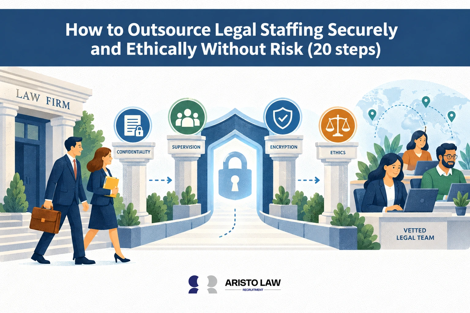 Secure and ethical legal staffing outsourcing process for law firms. Lawyers outsource legal work through defined confidentiality, supervision, and data-protection procedures.