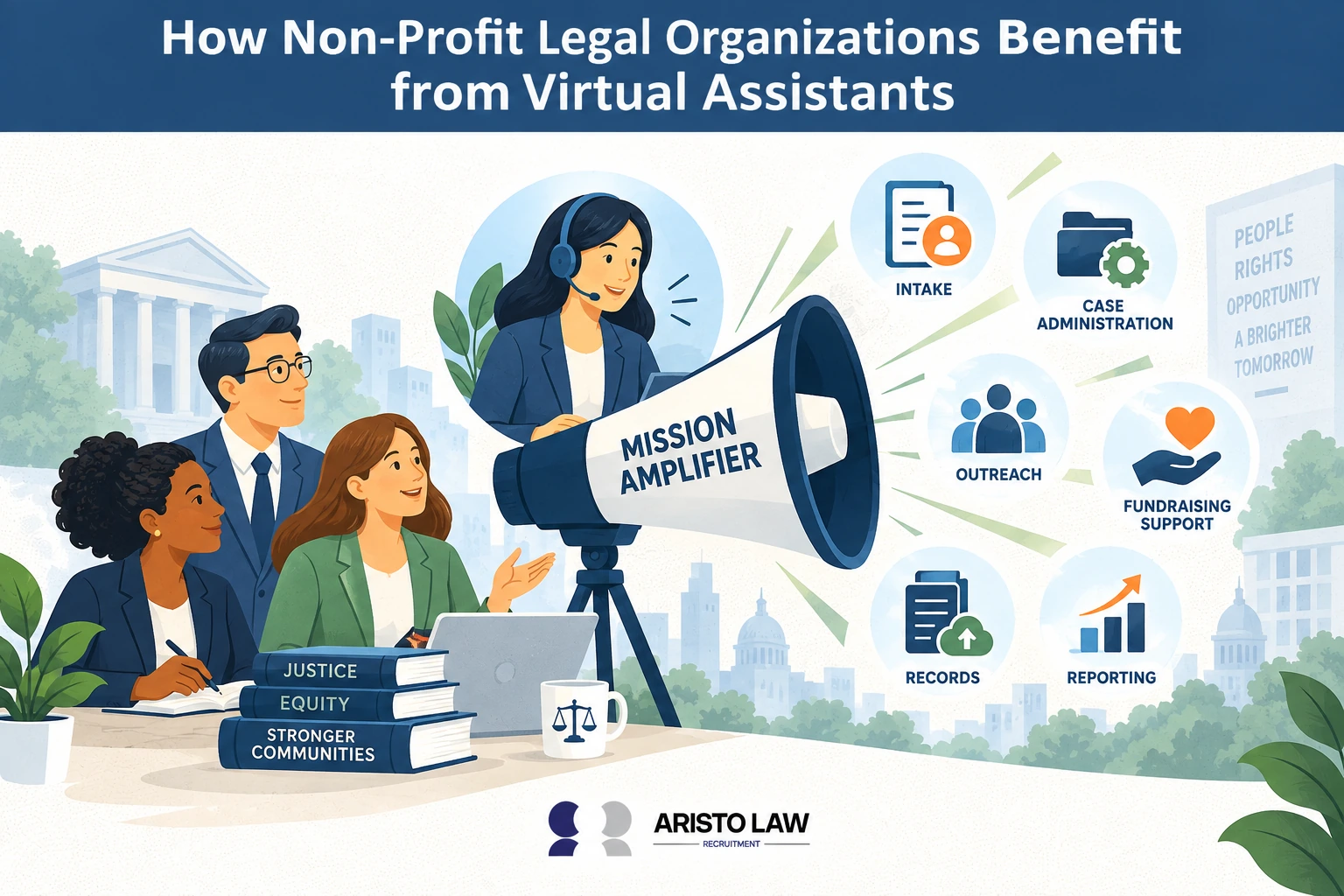 Virtual assistants supporting non-profit legal organisations. Non-profit legal teams outsource administrative and intake tasks to extend limited staff capacity.