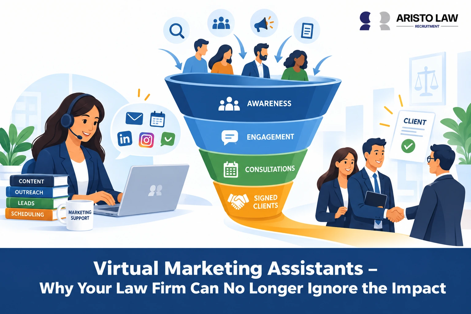 Virtual marketing assistant managing law firm digital marketing activities. Law firms outsource marketing work to strengthen lead generation and online visibility.
