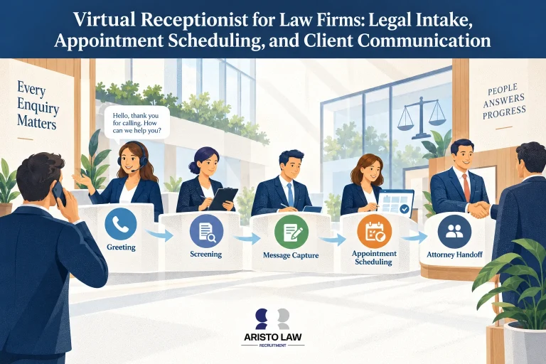 Virtual receptionist service handling law firm calls and appointment scheduling. Lawyers outsource front-desk communication to improve client response times.