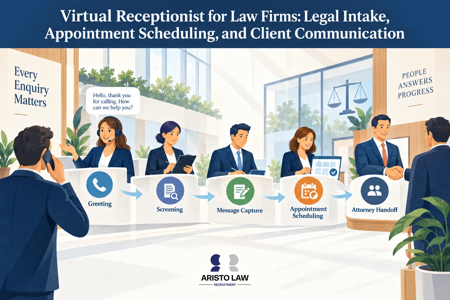 Virtual receptionist service handling law firm calls and appointment scheduling. Lawyers outsource front-desk communication to improve client response times.