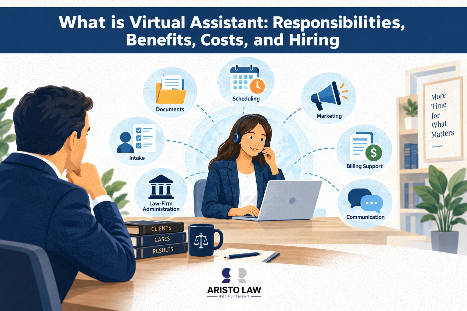 Virtual assistant definition and remote business support services. Law firms hire virtual assistants to outsource routine legal and administrative responsibilities.